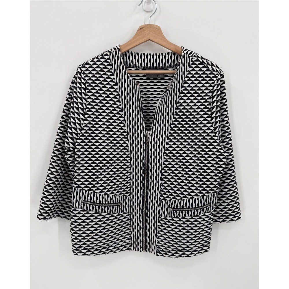 Chico's Travelers Womens Geometric Black White Zip Up Jacket Size 2/XL Career